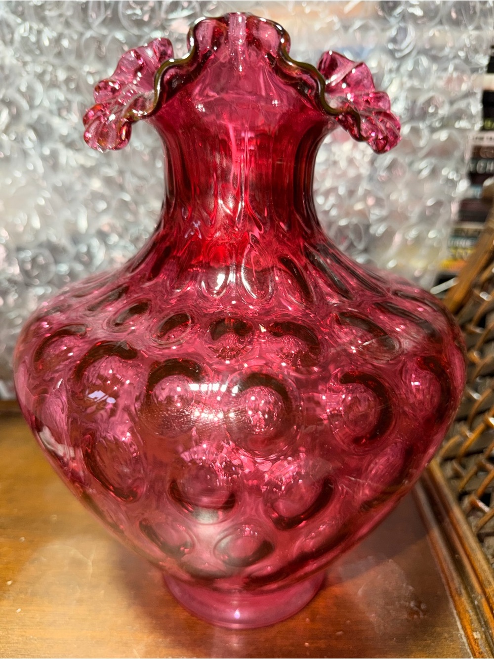 Large 11" Tall Fenton look Cranberry Ruffled Edge With Optic Dot Pattern Vase